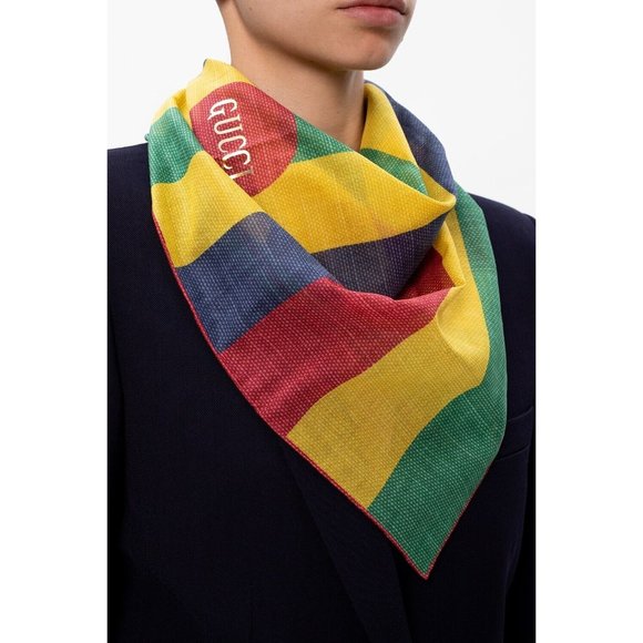 Gucci Women's Scarf 630506 4G101 Logo Yellow Green Red Blue Stripe